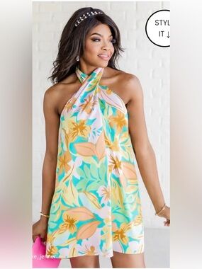 Pink Lily Tropical Halter Floral Mini Dress - Teal & Coral